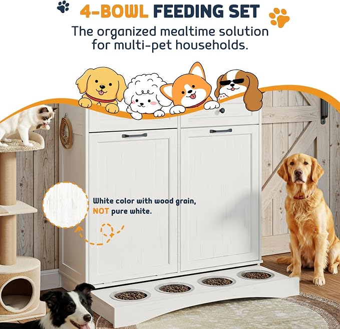 Double Tilt Out Trash Can Cabinet with Dog Bowl, 10 Gallons Dog Food Storage Cabinet, Hidden Trash Can Cabinet with Hideaway Drawer for Kitchen, Living Room (White Grain, Double Door) - Image 5