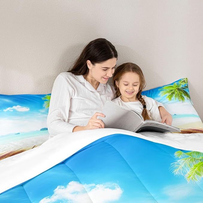 Beach Comforter Set Queen Size Ocean Bedding Set Tropical Palm Tree Hawaii Ocean Duvet Set Sunny Beach Coastal Nature Theme Duvet Set Sea Wave Mountain Brown Wooden Comforter Set 2 Pillowcases, Blue - Image 5