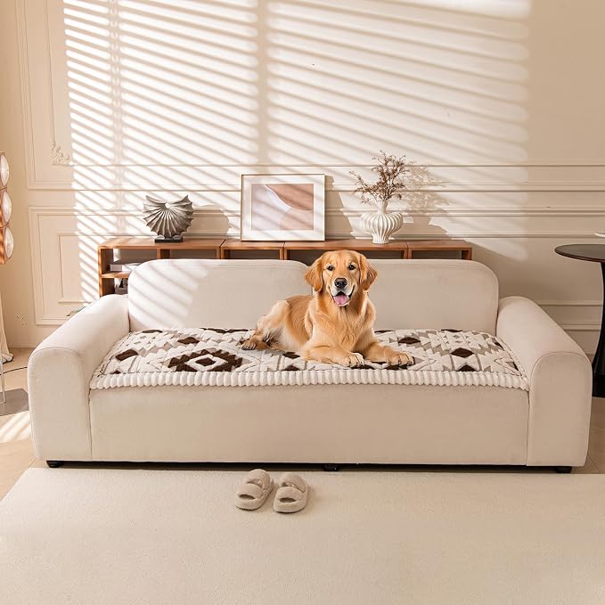 STACYPIK Plush Dog Couch Cover Washable, Geometric Diamond Anti-Slip Pet Sofa Protector for 2 Cushion, Boho Thick Fluffy Coffee Sofa Cover Multi-Use Dogs Bed Mat, Fits Sectional/L/U Shape-27.6X59.1IN by STACYPIK