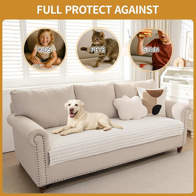 Deep Dream Waterproof Couch Cover for Dogs, Non Slip Pet Couch Covers for Sofa, Soft Faux Fur Sofa Cover, Washable Furniture Protector for 3 Cushion Couch (Off White, 35" x 82") - Image 4