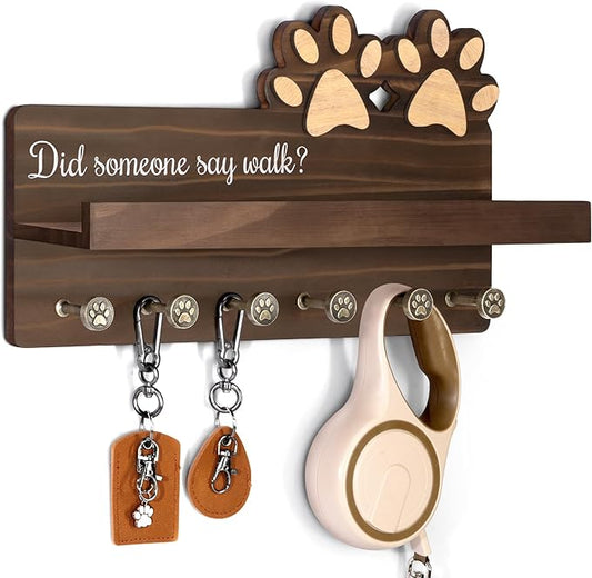 MTERSN Farmhouse Dog Leash Holder for Wall - Cute Key Holder Wall Mount with Floating Shelf & 6 Paw Hooks - Dog Lover Gifts for Wall Organize and Elevate Room Decor (Brown) by MTERSN