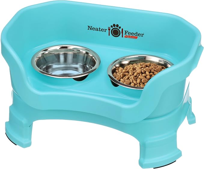 Neater Feeder Deluxe Mess-Proof Elevated Cat Bowls, 2 Height Adjustable (6” & 7.5”) No-Spill Raised Cat Bowl Stand, Whisker Friendly Stainless Steel Dishes for Indoor Cats, Made in USA, Aquamarine by NeaterPetBrands