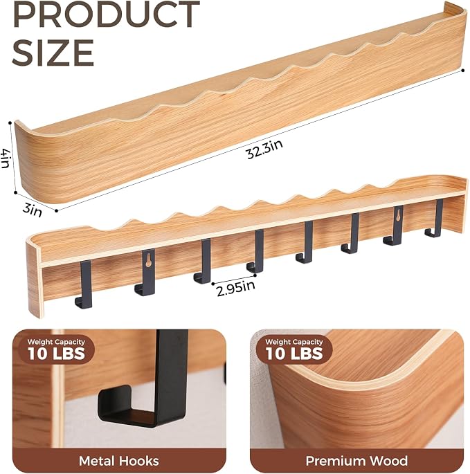Coat Rack Wall Mount with Shelf Entryway Shelf Modern Key Holder Hanger Wall Shelves with Hidden Hooks for Hanging Towels Coats Hats Bags for Hallway Bathroom Bedroom (Wavy Oak, 8 Hooks) - Image 2