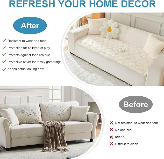 LiveGo 【Clearance】 Couch Cover for Dogs Washable, Sofa Cover Protector, Couch Covers for 3 Cushion Couch Sofa Pet Friendly, Soft, Non Slip (Off-White, 90x180 cm / 35.4x70.9 in) - Image 3
