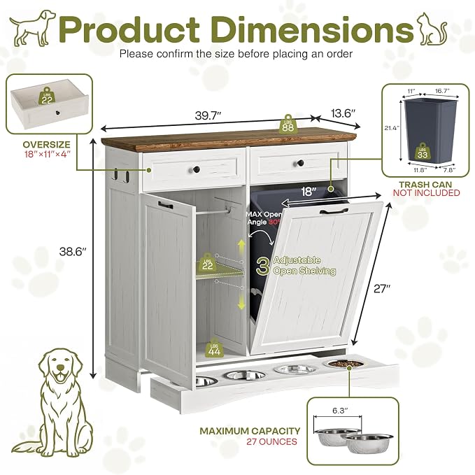 Furnaza Pet Feeding Station with 4 Bowls, Dual Doors Dog Cabinet Storage | White 39.7"W Dual Doors Pet feeding station with storage for dogs and cats, Pet Food Storage for Kitchen, Living Room - Image 2
