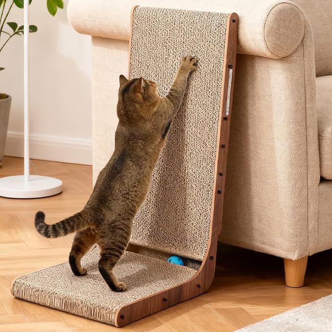 Simple Delxue Simple Deluxe Cardboard Cat Scratcher with Cat Toys Ball Track, 24 Inches L-Shaped Scratch Pad, Cardboard Lounge Bed, Stable and Durable, Furniture Protector, Reversible by SimpleDeluxe