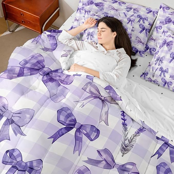 Feelyou Purple Bowknot 7 Piece Bedding Set Lavender Flower Comforter Set with Sheets for Kids Boys Girls Purple Stripe Bed in a Bag Princess Theme Bed Set Soft Lightweight - Image 7