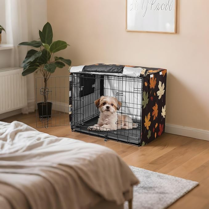 Dog Crate Cover Kennel Cover for Dog Cages Breathable for Wire Cage Indoor Outdoor Maple Leaves Black - Image 7