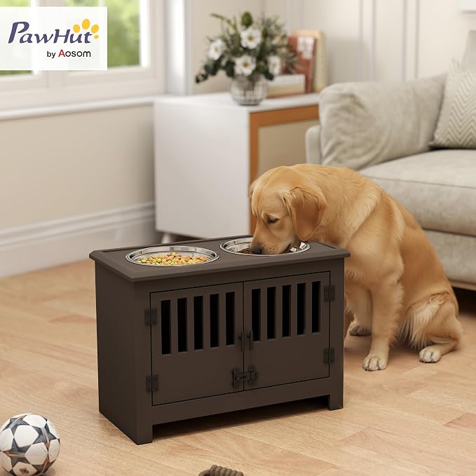 PawHut Large Elevated Dog Bowls with Storage Cabinet - 37L Capacity, Raised Dog Bowl Stand Feeding Station, Espresso | Raised Dog Bowl Stand Pet Food Bowl Dog Feeding Station - Image 2