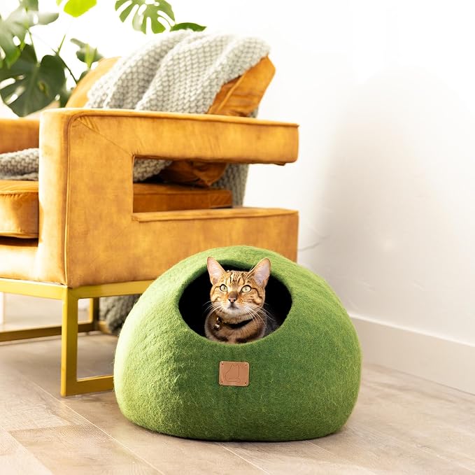 Best Aesthetic Cat Bed - Premium Felted Wool Cat Cave Bed - Cozy Peekaboo Round Cave for Large or Small Cats (Small, Forest Green) - Image 2