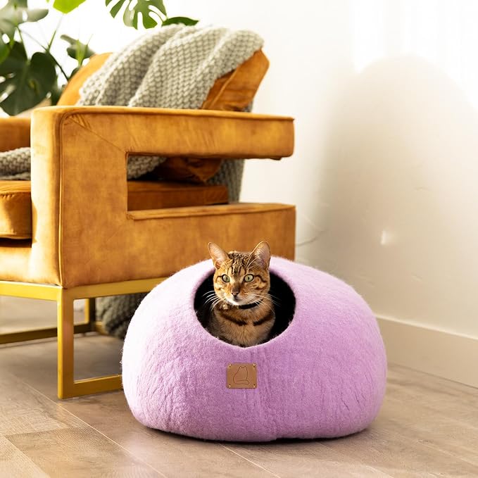 Best Aesthetic Cat Bed - Premium Felted Wool Cat Cave Bed - Cozy Peekaboo Round Cave for Large or Small Cats (Large, Lilac Purple) - Image 2