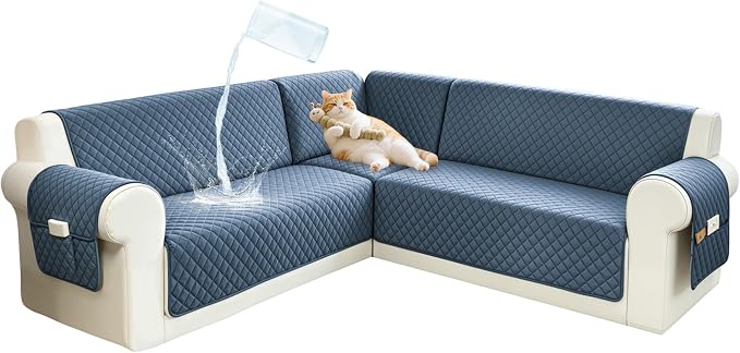 Sectional Couch Covers for Dogs 100% Waterproof Corner L Shaped Sofa Cover Pet Friendly Velvet Washable Anti Slip L Shape Modular Sofa Slipcover Protector with Pockets (Blue, XX-Large) by SYJOVIA