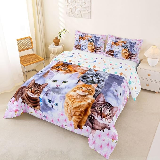 Feelyou Kids Cartoon Cat Toddler Bedding Set Cute Animal Flowers Comforter Set Boys Girls Pet Cat Lovers Pink Decor Duvet Quilt with 2 Pillowcases 3Pcs Bedding Full - Image 3