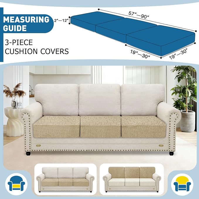 MAXIJIN Waterproof Couch Cushion Covers Individual Sofa Seat Cushion Cover Stretch Sectional Sofa Slipcovers with Elastic Bottom for Dogs Pets (3 Pieces for Seat or Backrest, Khaki) - Image 2