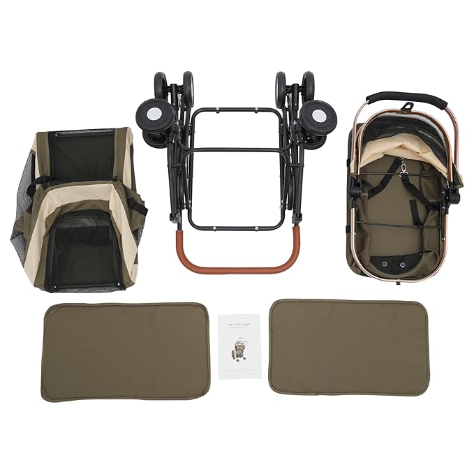 Double Dog Stroller with 4 Wheels, Foldable 3-in-1 Cat Pet Stroller with 2 Detachable Carriers,Reversible Handle, Steel Frame, Safety Belt for Small Medium Dogs Cats(Dark Green)