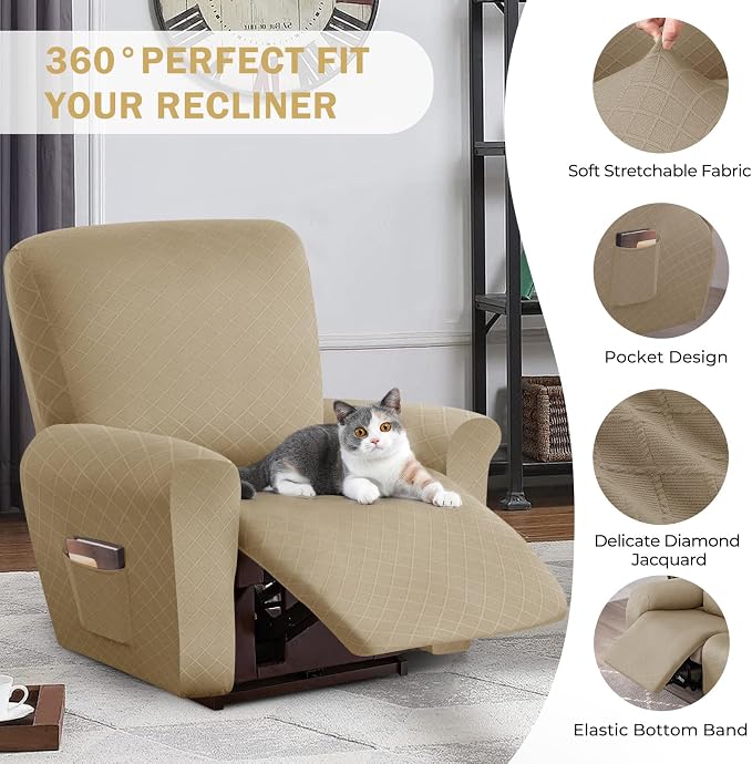 vctops Diamond Recliner Cover 4-Pieces Recliner Stretch Sofa Slipcover 1 Seater Couch Protector Soft Solid Furniture Protector Covers with Elastic Strap (Light Coffee,1 Seat) - Image 4
