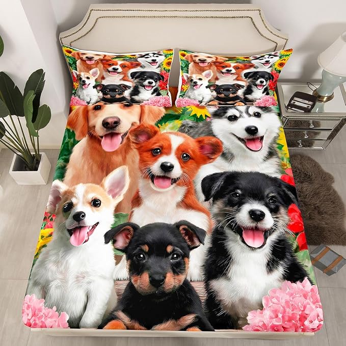 Dog Sheet Sets for Boys Kids Kawaii Room Decor Bedding Cute Pet Puppy Flat Sheet Toddler Lovely Kawaii Pug Top Sheet German Shepherd Fitted Sheet Bedroom Collection 4Pcs Bed Sheet King Size - Image 3