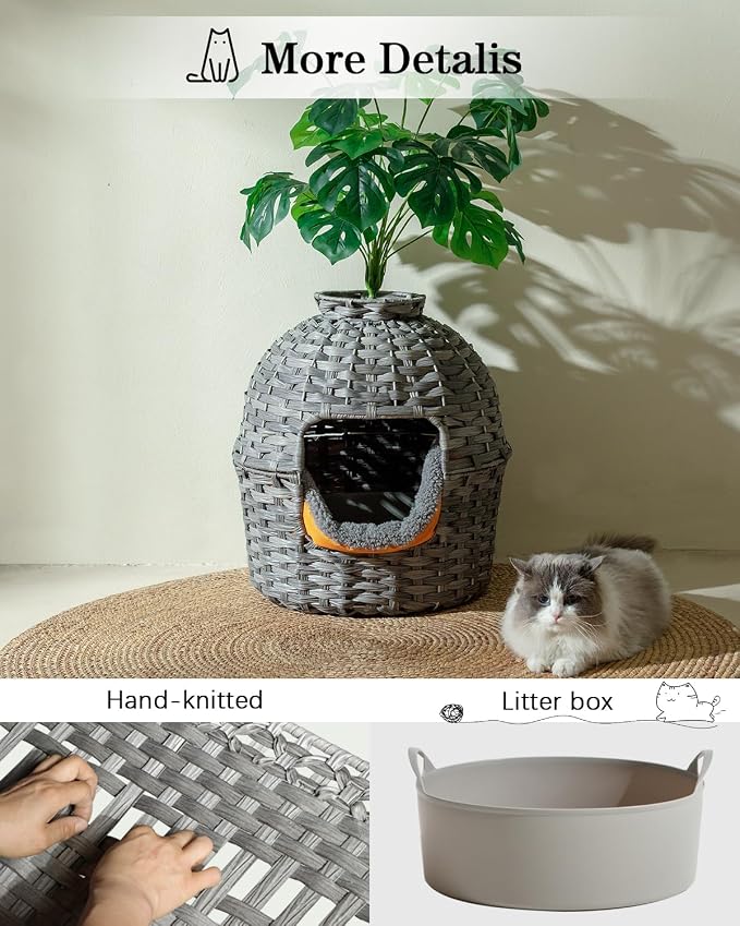 SETVSON Cat Litter Box Plant Enclosure, Hidden PE Rattan Litter Box, Gray | Decorative Planter Design, Handwoven Washable PE Rattan, Removable Top with Artificial Plant & Stones Included, Easy Cleaning - Image 4