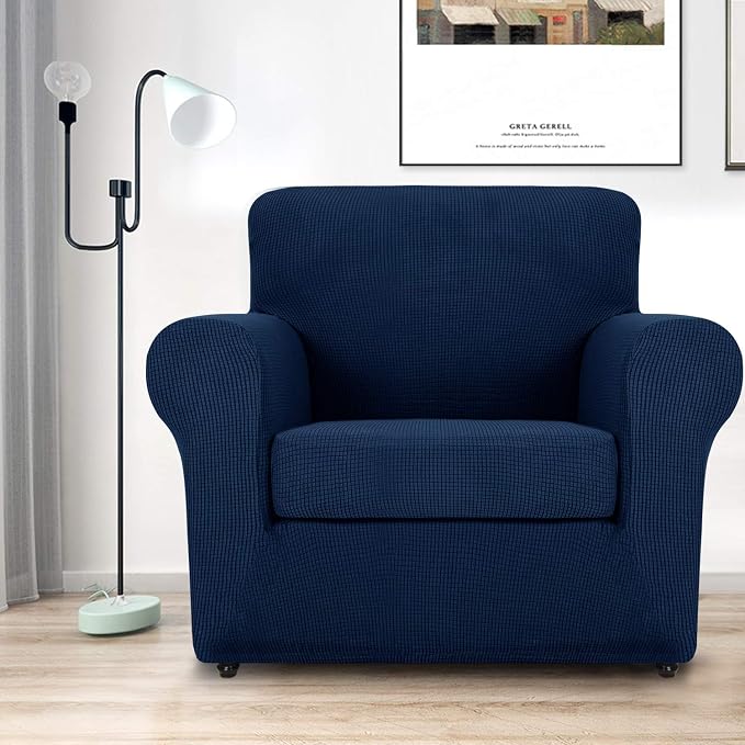 MAXIJIN 2 Piece Chair Slipcovers with Arms Super Stretch Chair Covers for Living Room Dogs Pet Proof Fitted Sofa Couch Protector Spandex Non Slip Armchair Slipcover Washable (Chair, Navy Blue) - Image 2