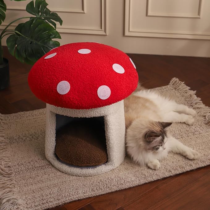 Mushroom Cow Cat Bed House for Indoor Cats & Small Dogs - Soft Cave-Style Pet Nest with Removable Washable Cushion, Plush Semi-Enclosed Cat Cave Tent, (red and White, Sturdy) - Image 6