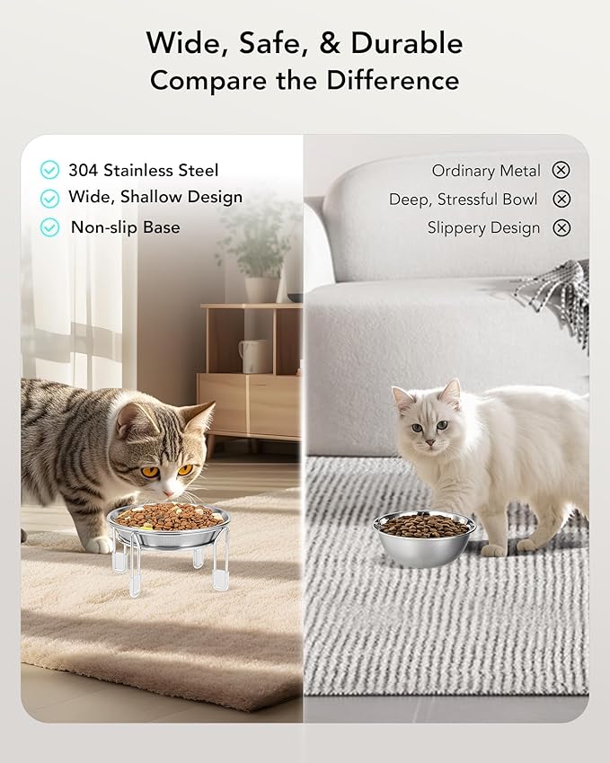 Elevated cat Bowl 2PC, 6.3" Wide Raised Cat Bowl | Stainless Steel Cat Food and Water Dishes, Small Dog Bowl, Whisker Friendly, Anti-Vomiting, Neck Stress-Free Bowl Stands - Image 6