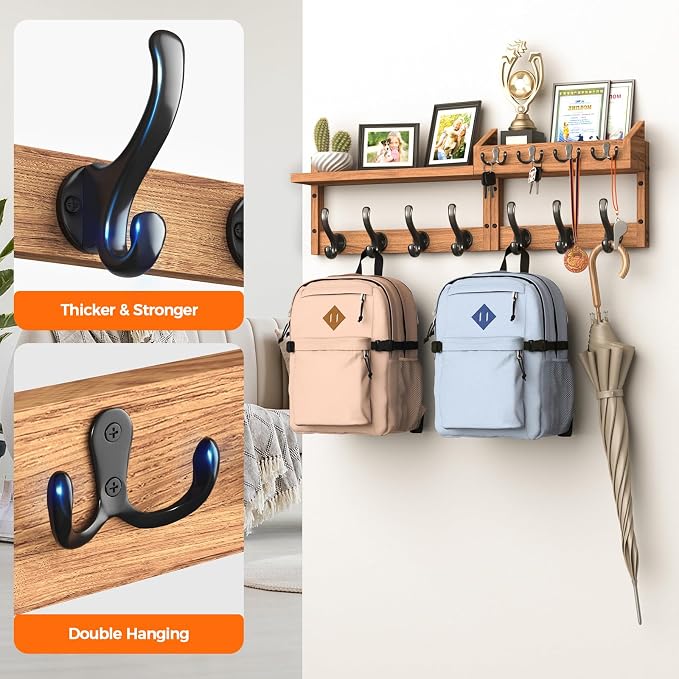 Evermagin 29" Coat Rack Wall Mount with Shelf & 11 Hooks, Entryway, Brown | 4-in-1: coat hooks, key hanger, mail holder & display shelf. Pine wood. For bedroom, hallway, mudroom, livingroom. - Image 6