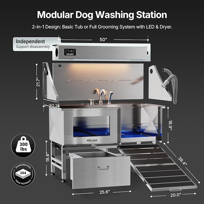 POLIMO Dog Washing Station with Built-in Pet Dryer and LED Display 50" (Right Ramp), 304 Stainless Steel Dog Bathtub for Large Medium Small Dogs, Wash and Dry Grooming Tub with Faucet, Storage Drawer - Image 4
