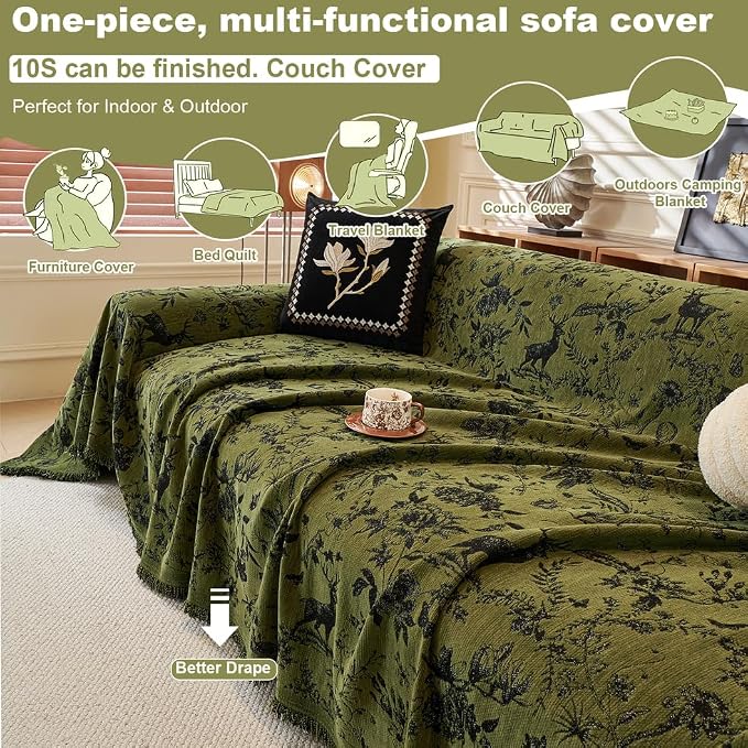 ROOMLIFE Green Sofa Cover, Vintage Boho Couch Cover for 3 Cushion Sofa, Non Slip Soft Chenille Sofa Slipcovers for Dog, Washable Furniture Sofa Protector Cover with Tassel for Living Room, 71''X118” - Image 5