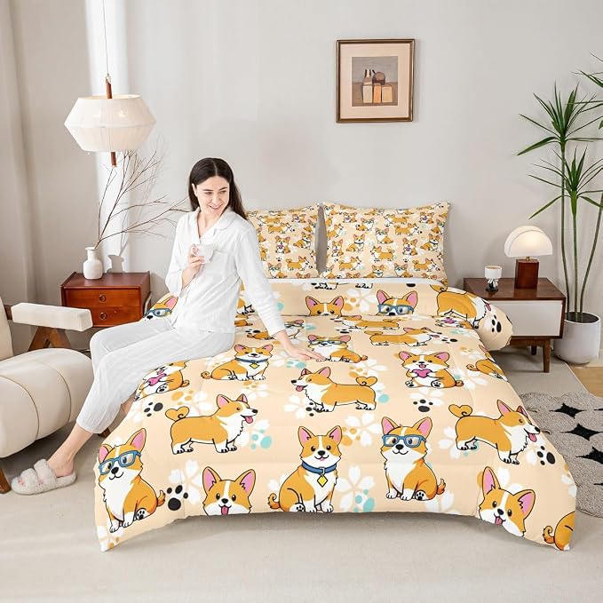 Homewish Cute Corgi Comforter Set King Size,Cartoon Dog Paws Bedding Set 3pcs for Kids Teens Boys Girls Room Decor,Smiling Dogs Pets Animals Quilt Set Kawaii Yellow Duvet Insert with 2 Pillowcases - Image 3