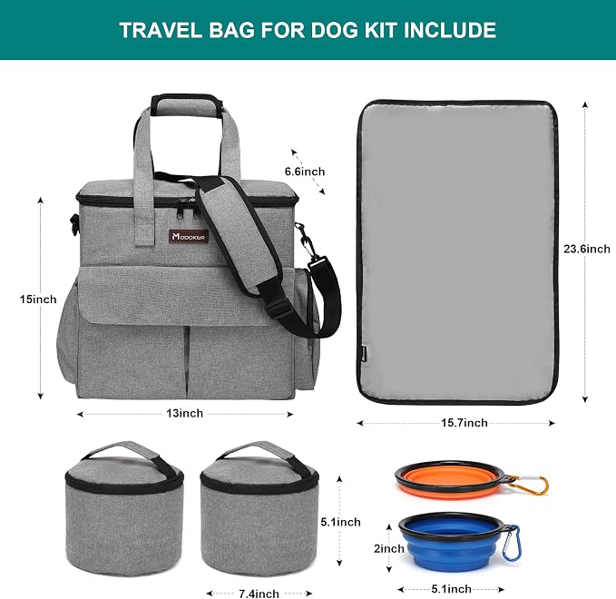 Modoker Weekend Dog Travel Bag Set with 2 Food Bags, 2 Bowls and Mat, Grey | Dog Travel Accessories Organizer for Camping and Road Trips with Roomy Storage, Multiple Pockets and Water-Resistant Oxford - Image 4