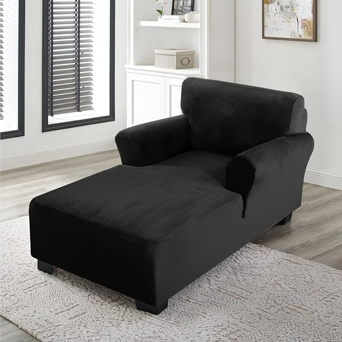 FantasDecor Velvet Chaise Lounge Cover Stretch Double Arm Chair Slipcover for Living Room Bedroom Soft Plush Fabric Machine Washable, Black - Image 3