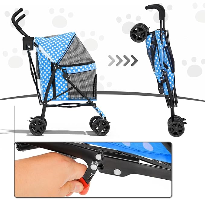 MoNiBloom 4 Wheels Pet Stroller, Easy-Fold Umbrella Shaped Dog Cat Jogger Stroller w/Storage Bag & Visible Mesh for Small/Medium Dogs Cats Sky Blue Polka Dots