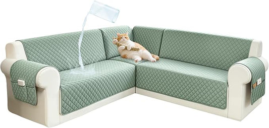 Sectional Couch Covers for Dogs 100% Waterproof Corner L Shaped Sofa Cover Pet Friendly Velvet Washable Anti Slip L Shape Modular Sofa Slipcover Protector with Pockets (Light Green, XX-Large) by SYJOVIA