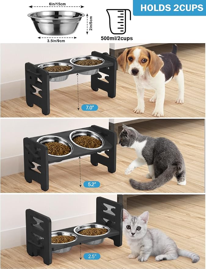 Vantic Elevated Dog Bowls, Raised Dog Bowl Stand Adjustable Small, Black | Bamboo Elevated Feeder with 2 Stainless Steel Bowls, Adjustable Height Stand for Small Puppies and Cats - Image 2