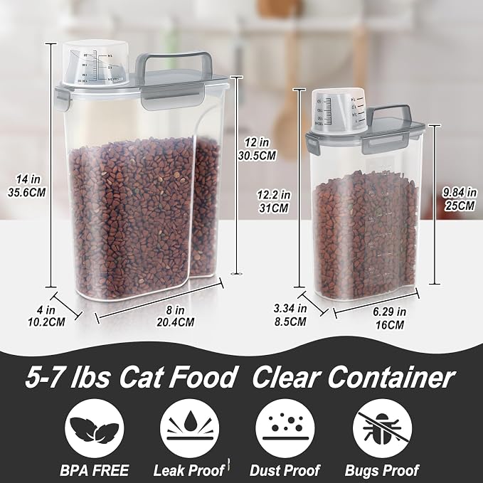 LEAWALK (3+5LBS 2Pack Cat Dog Food Storage Container Upgraded Large Nozzle BPA-free, Plastic Pet Food Containers, With 4 Sealed Clasps/1 Measuring Cup/Handle Easy Clean and Carry (Clear Grey) - Image 4