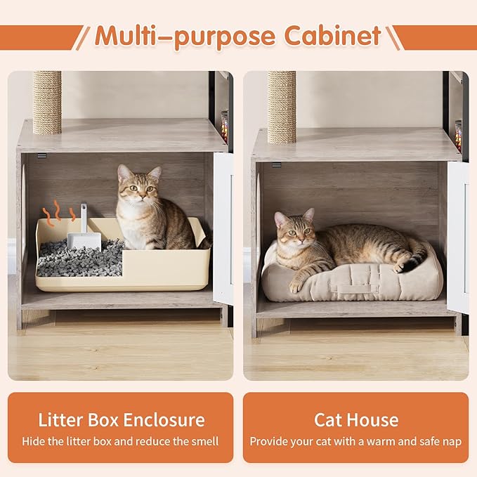 HavenlyYouth Cat Tree with Food Station and Litter Box Enclosure, Multi-Level Cat Tree Tower with Sisal Scratch Posts for Playtime, Plush Hammock in Gray for Cozy - Image 5