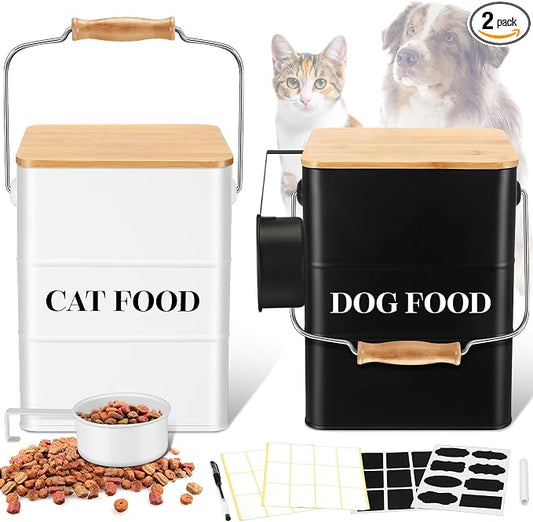 Tioncy 2 Pcs Metal Dog and Cat Food Storage Containers Big Pet Food Containers with Bamboo Lids and Spoon Airtight 5-7 Lbs Dog Cat Treat Snack Jars with DIY Labels for Kitchen Counter(White,Black) by Tioncy