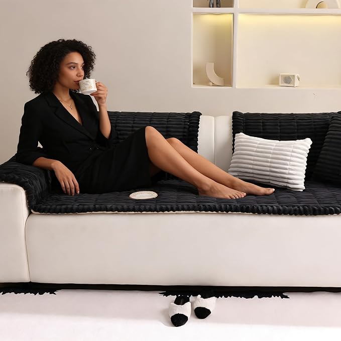 Couch Cover for Sofa, Sectional Couch Cover for Dogs, Sofa Cover Washable, Cushion Cover Blanket Pad Bed Mat for Pets, Fleece Furniture Protector, Black, 23.6x82.7in - Image 2