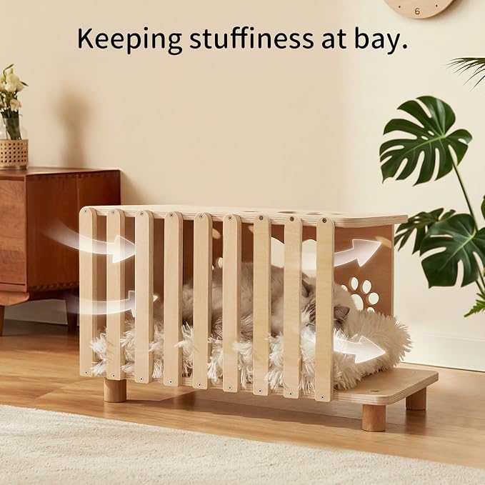 4-in-1 Wooden Cat House, Breathable Cat Cave with Washable Cushion Cat Beds for Indoor Cats - Image 5