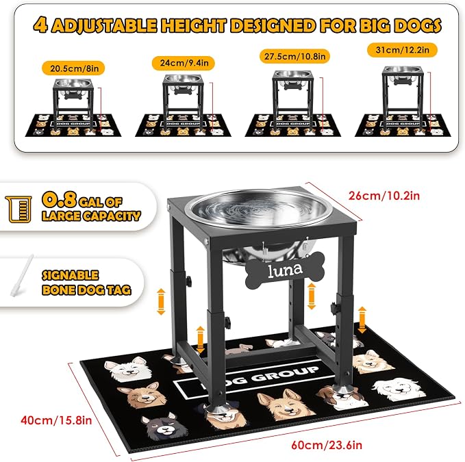 ADENGL 0.8 Gallon Elevated Dog Water Bowl for Medium Dog, 4-Height Adjustable (8–12.2'') Raised Stainless Steel Bowl with Spill-Proof Mat & Sturdy Metal Stand, Easy-Clean Feeder for Indoor/Outdoor Use - Image 3