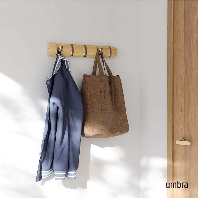 Umbra Flip 5 Wall Mounted Hook | Real wood and steel build, retractable hooks fold flat, holds coats bags and scarves, easy install - Image 2