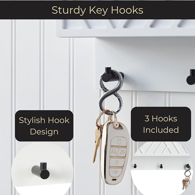 BLU MONACO | Wall Mount Key Holder with Mail Organizer | Wooden Command Center with 3 Hooks and 2-Tier Letter Pockets | Entryway Mail Sorter & Key Rack | White Geometric Wall Organizer for Office Home - Image 5