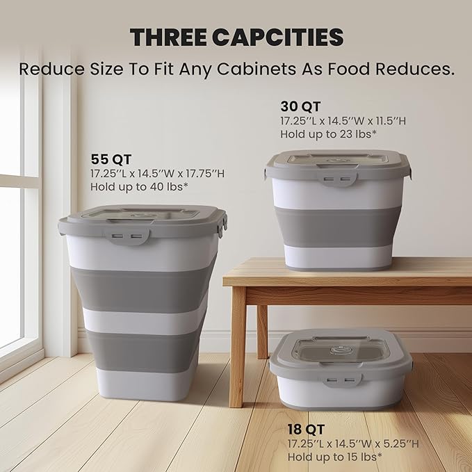 35-40Lbs Airtight Dog Food Storage Container Collapsible Dog Food Container | Large Pet Food Storage Container with Lid, Wheels,Date Track,Keep Fresh for Rice,Flour,Sugar,Scoop,2PCS Container - Image 5