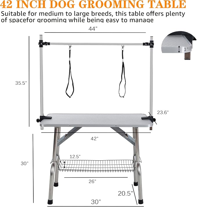 Professional Dog Pet Grooming Table Adjustable Heavy Duty Portable w/Arm & Noose & Mesh Tray (Grey, 42") - Image 5