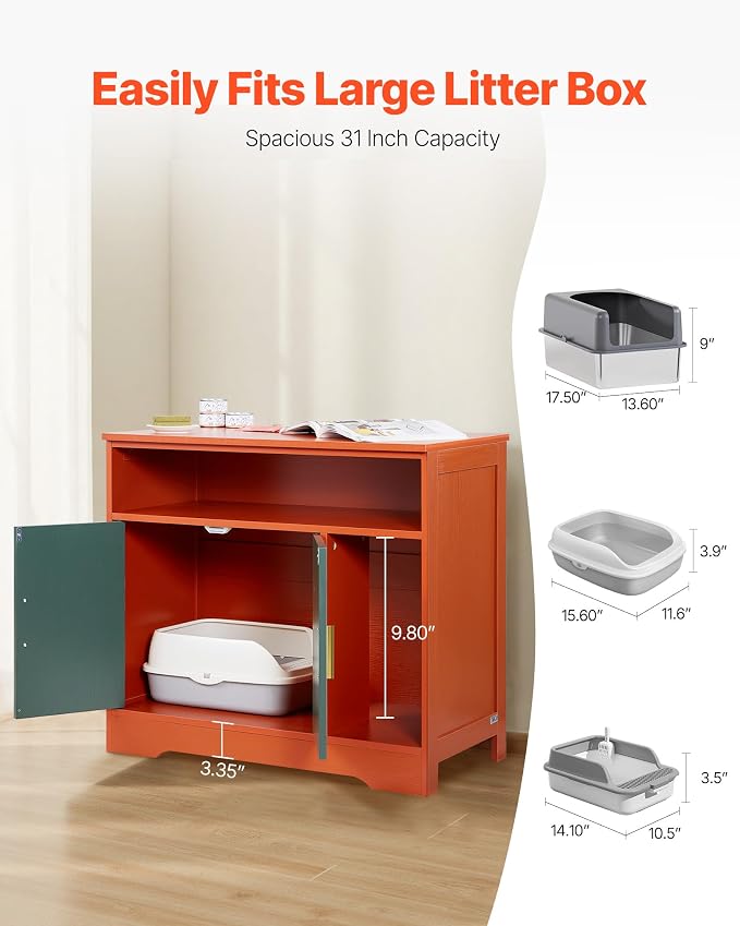 VEVOR Cat Litter Box Enclosure, 31 in Hidden Litter Box Cabinet with Shelf & Storage, Modern Style Indoor Cat Washroom, Wooden Kitty House Furniture End Table, Fit Most Litterboxes, Red & Green - Image 4