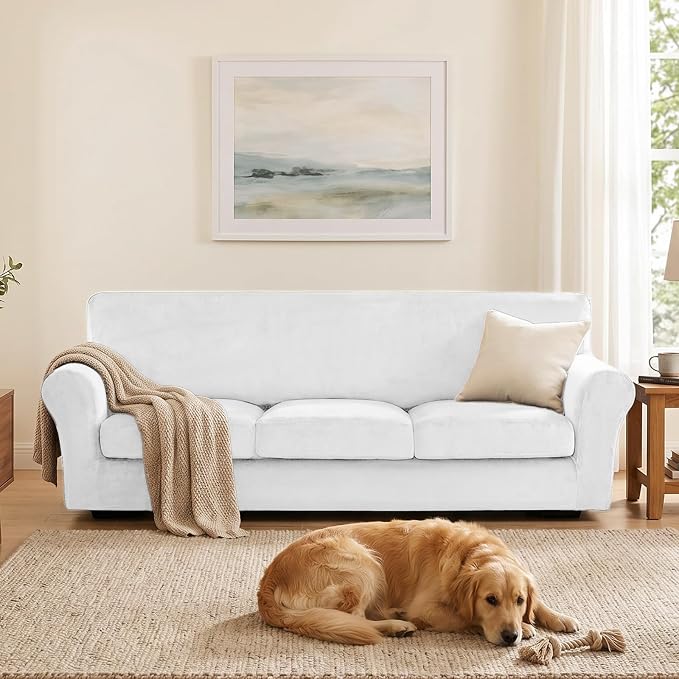 XINEAGE 4-Piece Velvet Oversize Sofa Cover, Couch Covers for Dog,White | 3 Cushion Large Sofa,Stretch Non-slip Elastic, Pet-friendly, Washable, Fast Setup, Soft Plush Fabric, Furniture Protector. - Image 4