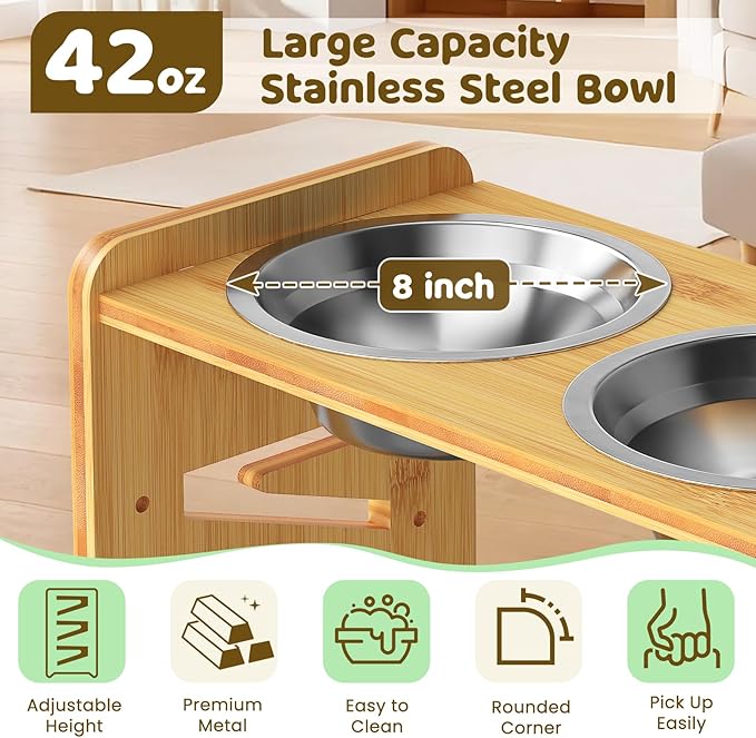 Elevated Dog Bowls, Adjustable Raised Dog Bowl Stand for Large and Medium Pet, 15" High Bamboo Pet Food Feeder with 2 Stainless Steel Dishes（6 Heights） - Image 4