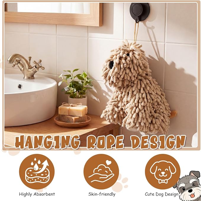 Tegeme 2 Pcs Chenille Dog Hand Towel Fuzzy Towel Absorbent Microfiber Soft for Bathroom Kitchen Washstand (Khaki,Siting Dog) - Image 5