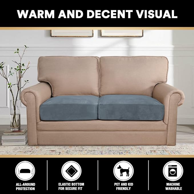 PrinceDeco Velvet Stretch Couch Cushion Cover Soft Cushion Slipcover for Chair Loveseat Sofa Furniture Protector Seat Cushion Sofa Cover (Each Width Up to 29.5", Stone Blue) - Image 3