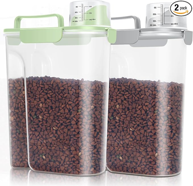 TBMax Pet Dog Cat Food Storage Containers 2 Pack 10 to 14 Lbs, Airtight Cat Food Dispenser with Large Spout & Portable Handle, Travel Dog Treat Storage Bin Bird Seed Container -Light Green/Light Grey by TBMax